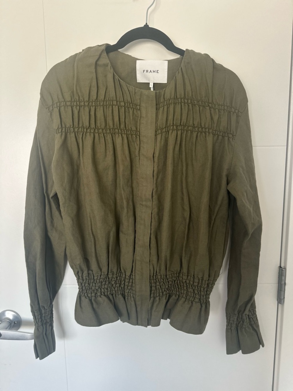 FRAME Linen Cotton Blend Smocked Peplum Jacket – Faded Army – Size L